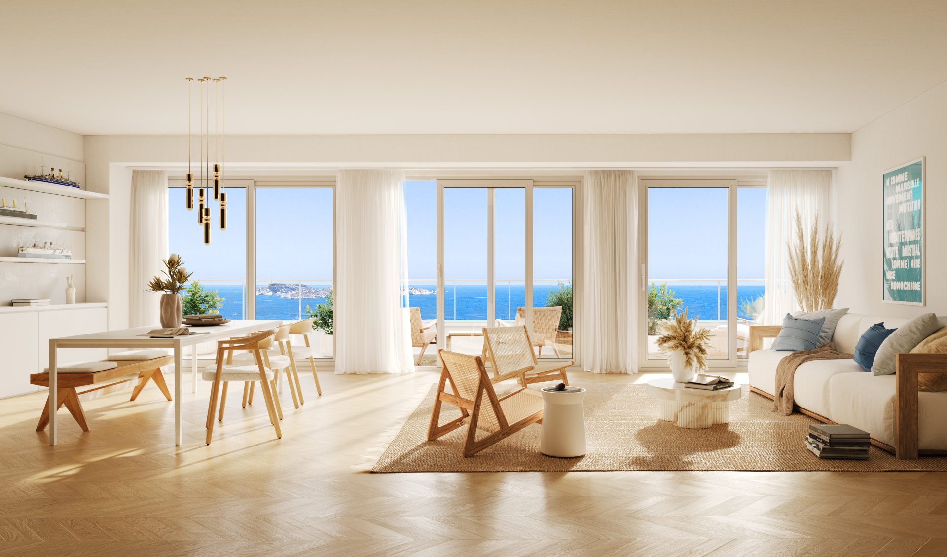 Intérieur lumineux d'un appartement M99 avec vue mer